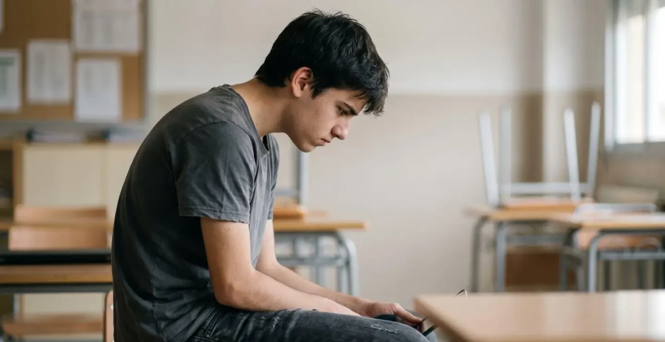 Estudiante adolescente español en posición sentada incorrecta en pupitre escolar mostrando problemas posturales comunes