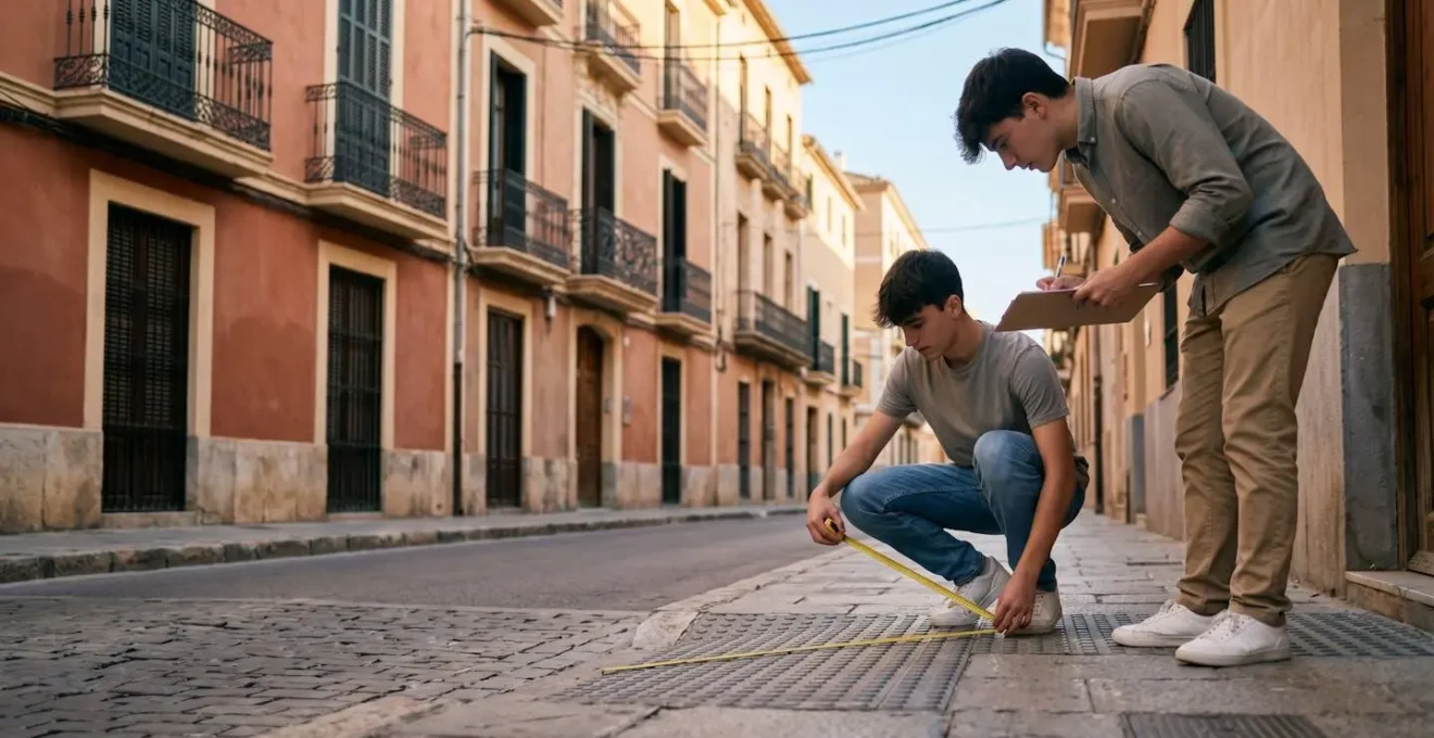 Jovenes estudiantes españoles midiendo y documentando accesibilidad urbana en su barrio con herramientas de medicion para proyecto educativo