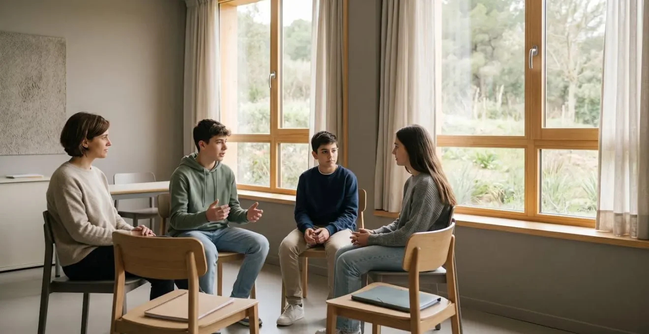 Escena de mediación educativa entre estudiantes resolviendo conflictos en ambiente escolar