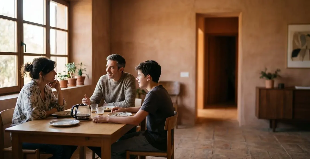 Familia española reunida el domingo en un ambiente relajado de sobremesa