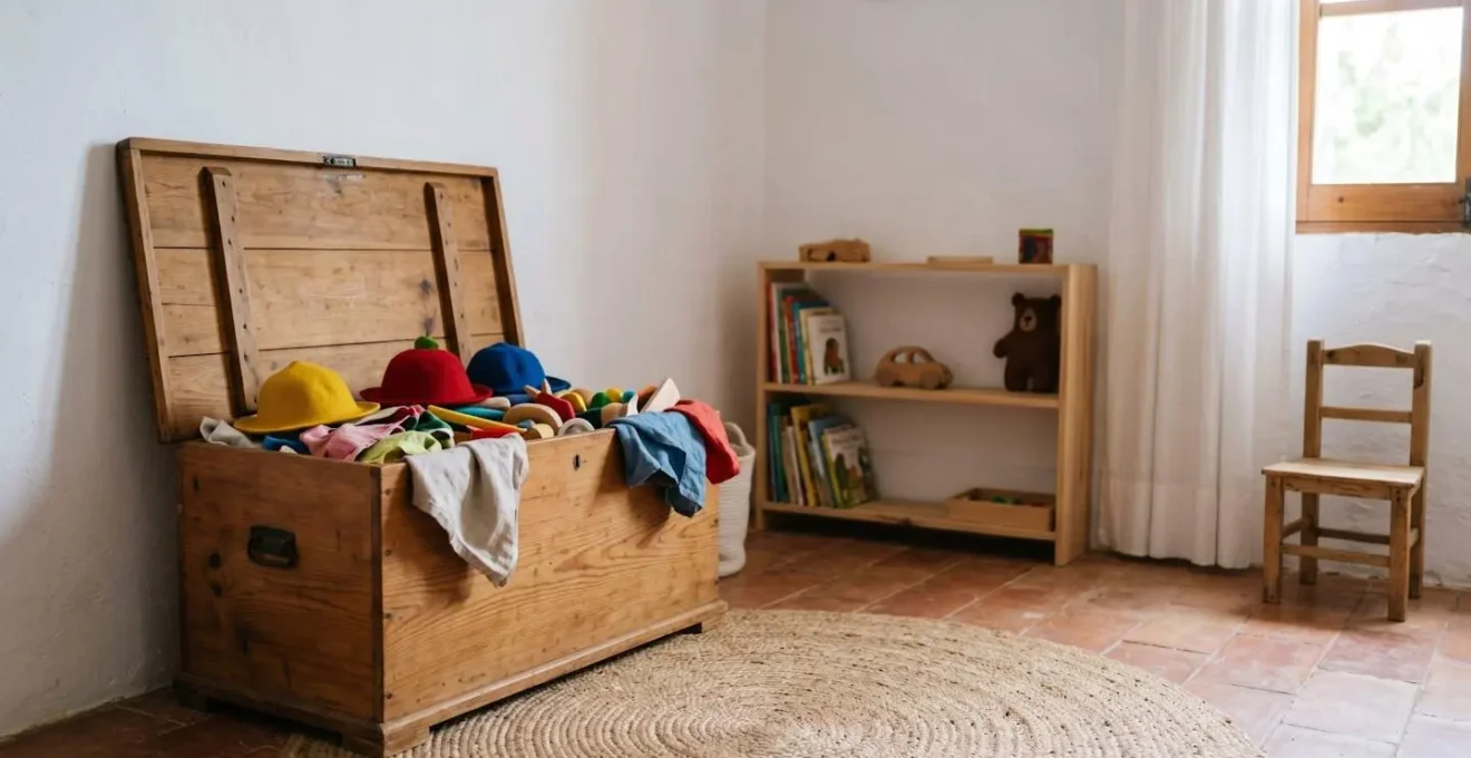 Rincón acogedor en habitación infantil española con baúl de madera abierto mostrando disfraces y accesorios al alcance de los niños, luz natural cálida