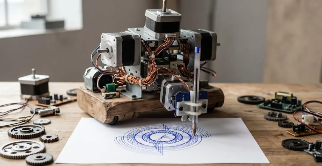 Robot artista construido con motores de DVD reciclados dibujando patrones sobre papel en un taller escolar