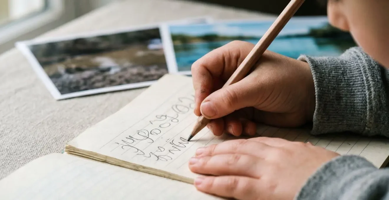 Primer plano de manos de niño escribiendo reflexiones en cuaderno sobre contaminación del río, con fotografías del antes y después del proyecto visible al fondo
