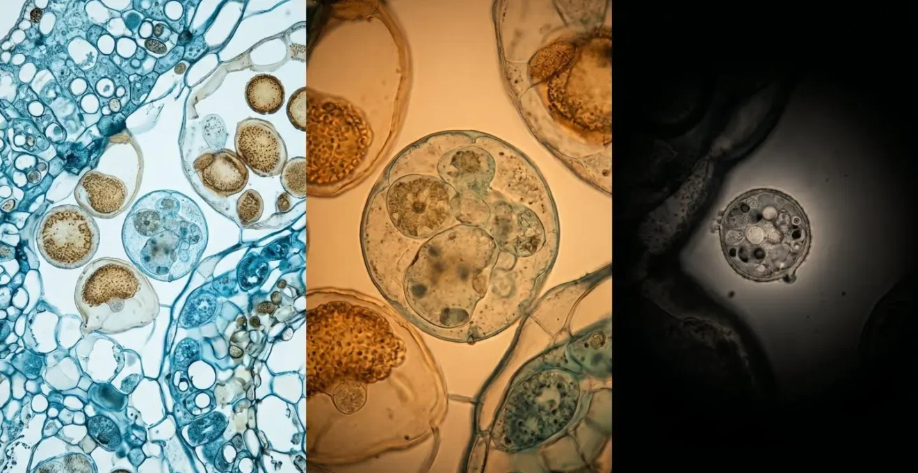 Secuencia visual del campo de visión microscópico que se reduce y oscurece al pasar de bajo a alto aumento.