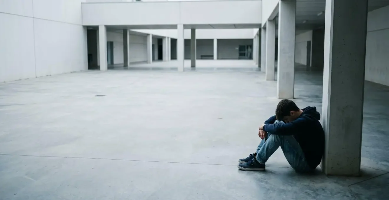 Adolescente español sentado solo mostrando señales sutiles de aislamiento y preocupación emocional