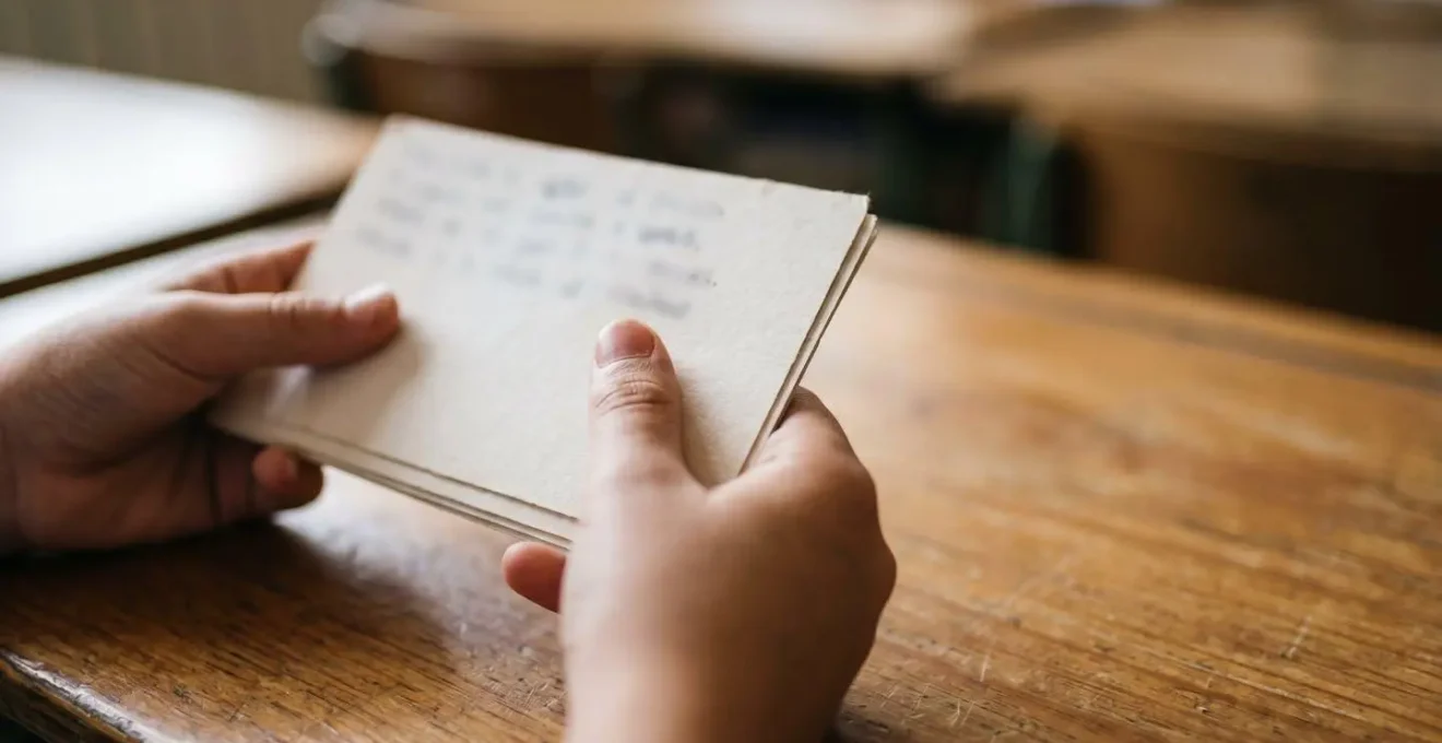 Detalle de manos de niño sosteniendo tarjetas con palabras clave para presentación escolar
