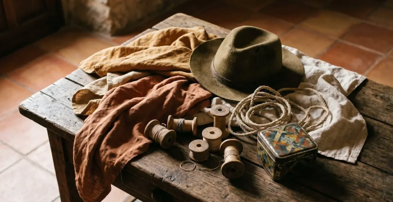 Telas coloridas sueltas, sombreros vintage y objetos cotidianos dispuestos de forma orgánica sobre superficie de madera, invitando al juego creativo infantil