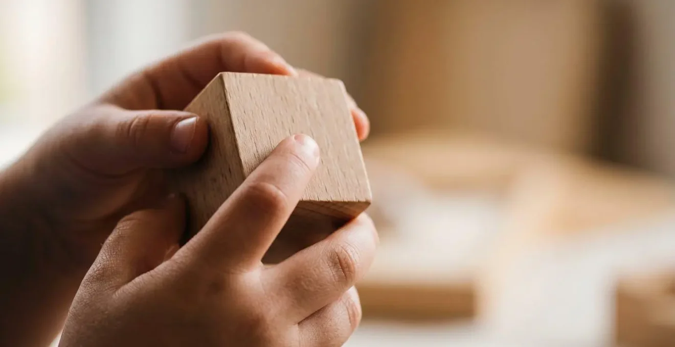 Manos de un niño manipulando pieza de madera del cubo soma, enfoque en la textura táctil y el contacto sensorial