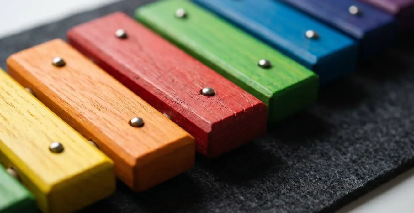 Detalle macro de láminas de xilófono infantil con diferentes tamaños y colores, mostrando relación visual entre tamaño físico y altura tonal